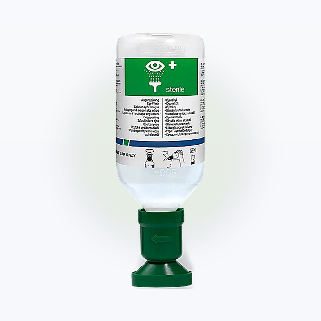 Augenspülflasche mit 500 ml steriler Natriumchloridlösung(0,9%). 